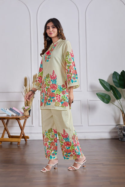 Cream Floral Print Cotton Co-ord Set with Bell Sleeves