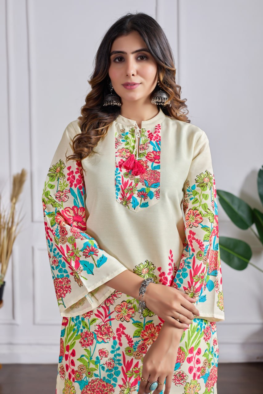 Cream Floral Print Cotton Co-ord Set with Bell Sleeves