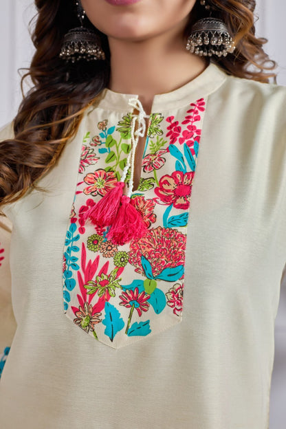 Cream Floral Print Cotton Co-ord Set with Bell Sleeves
