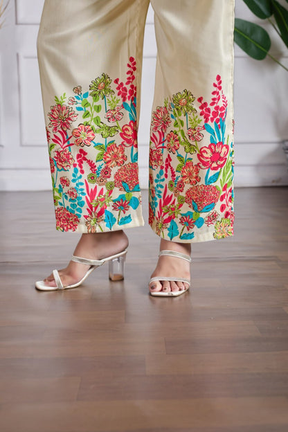 Cream Floral Print Cotton Co-ord Set with Bell Sleeves