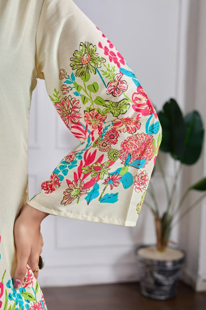 Cream Floral Print Cotton Co-ord Set with Bell Sleeves