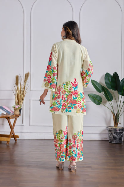 Cream Floral Print Cotton Co-ord Set with Bell Sleeves