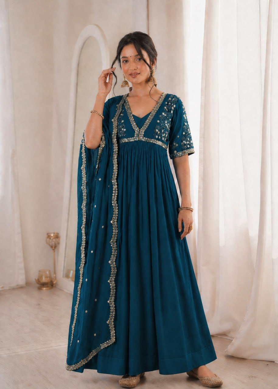 Sequins Embroidered Faux Blooming Gown with Dupatta