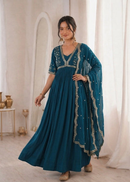Sequins Embroidered Faux Blooming Gown with Dupatta