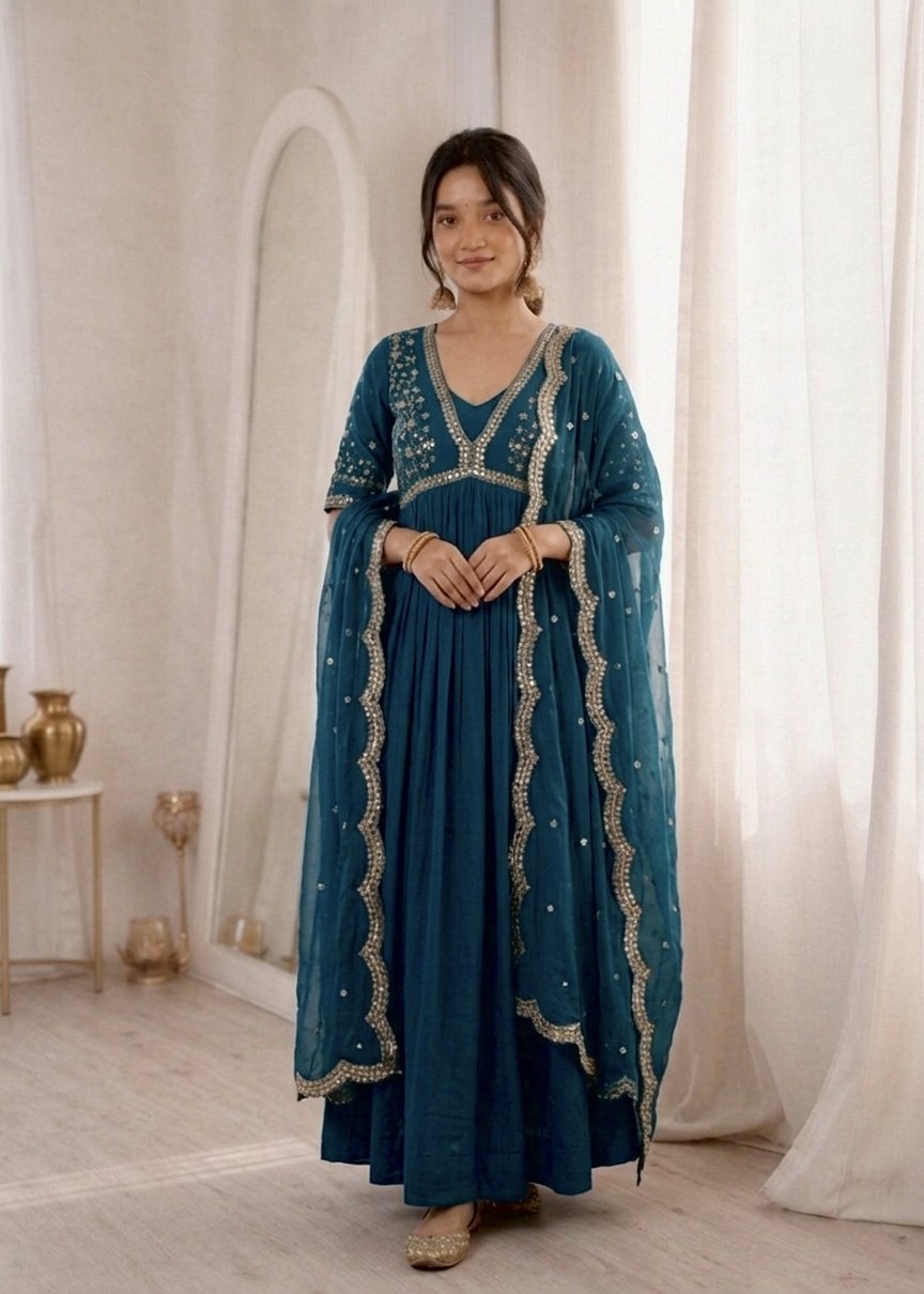 Sequins Embroidered Faux Blooming Gown with Dupatta