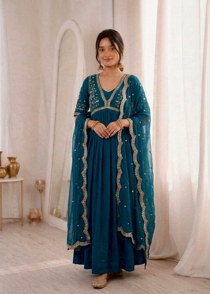 Sequins Embroidered Faux Blooming Gown with Dupatta
