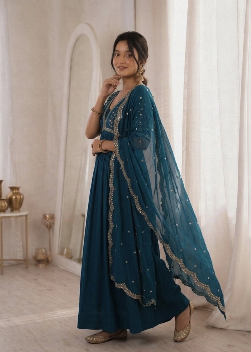Sequins Embroidered Faux Blooming Gown with Dupatta