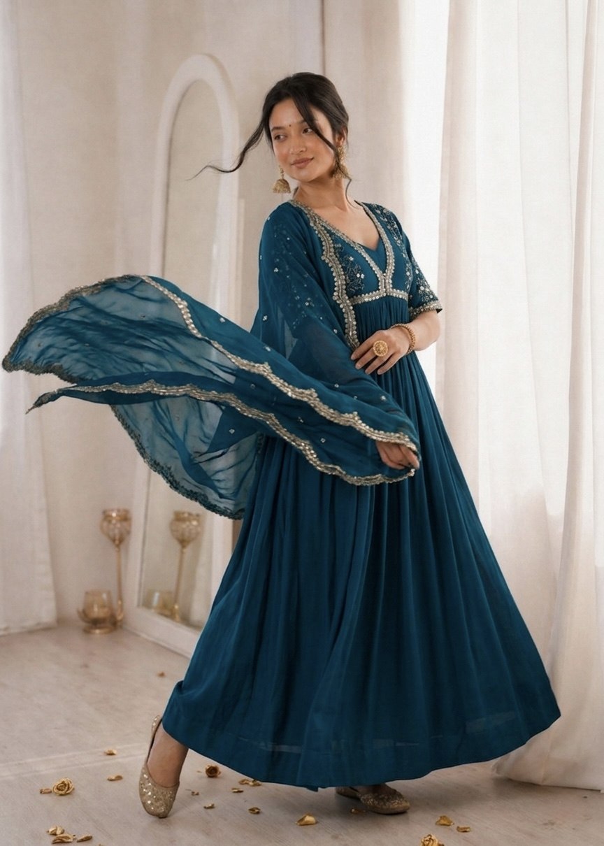Sequins Embroidered Faux Blooming Gown with Dupatta