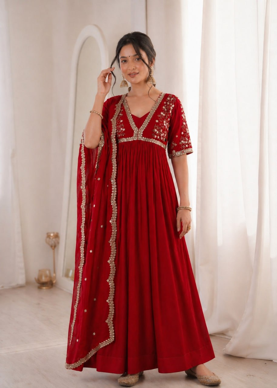 Sequins Embroidered Faux Blooming Gown with Dupatta