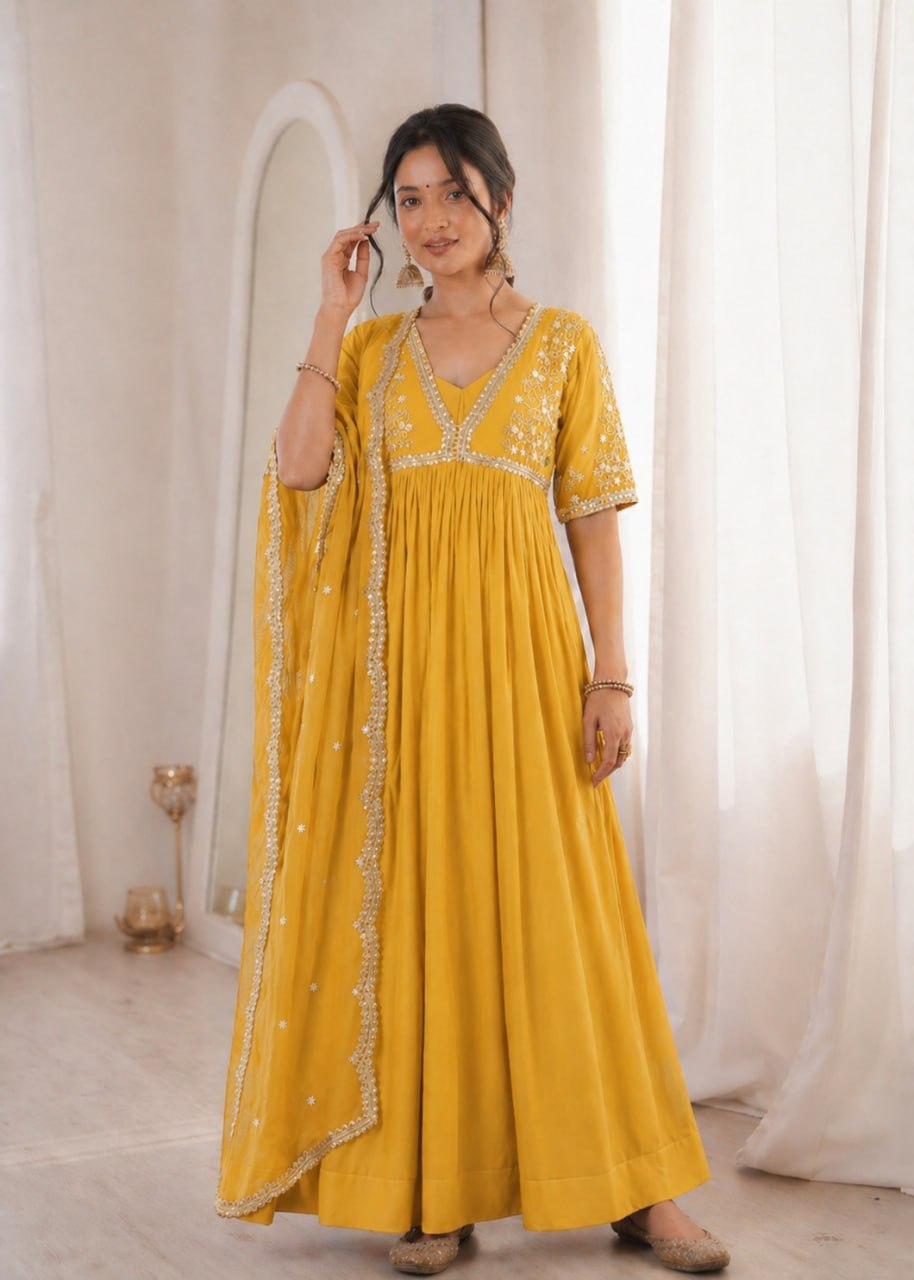 Sequins Embroidered Faux Blooming Gown with Dupatta