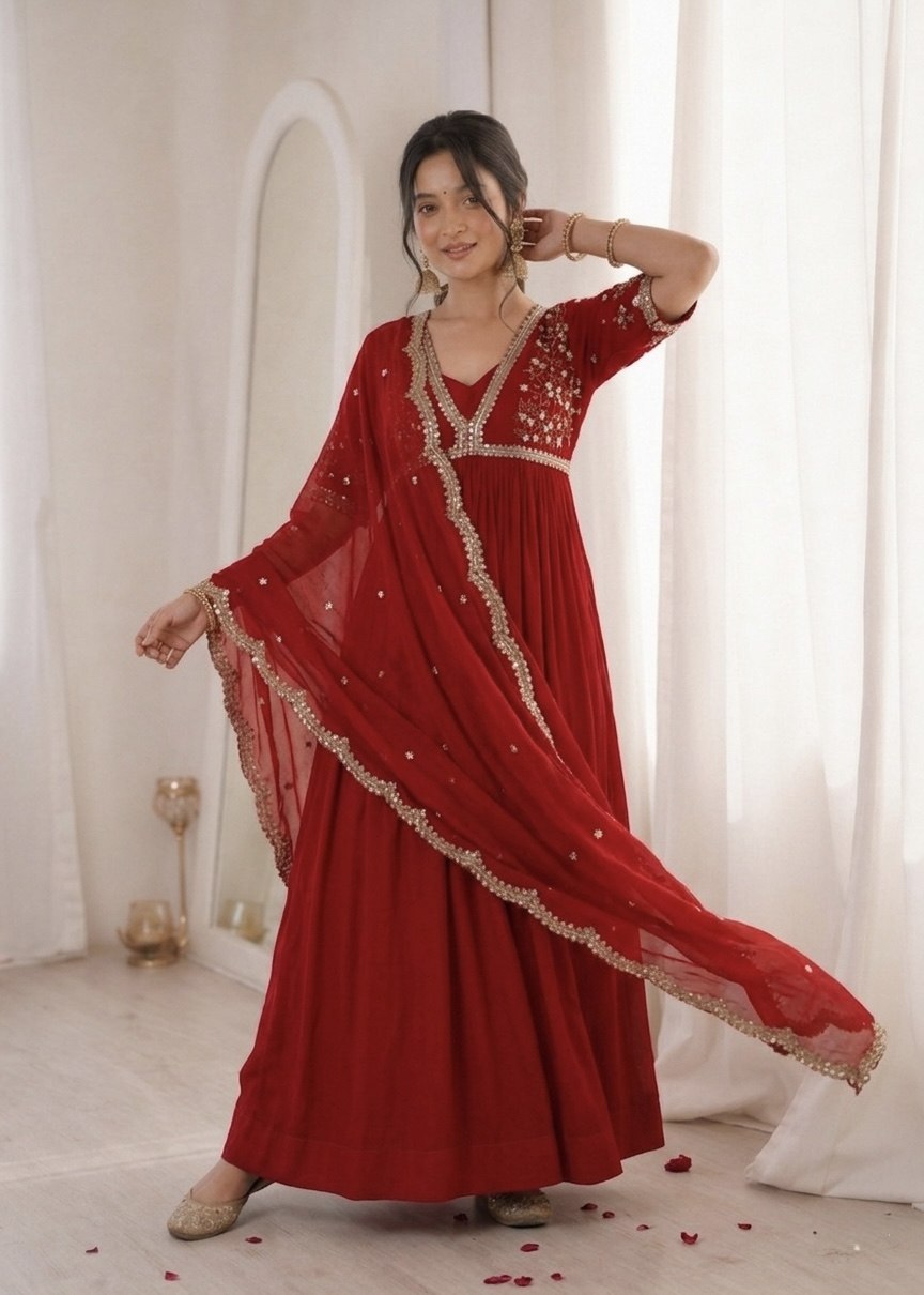 Sequins Embroidered Faux Blooming Gown with Dupatta