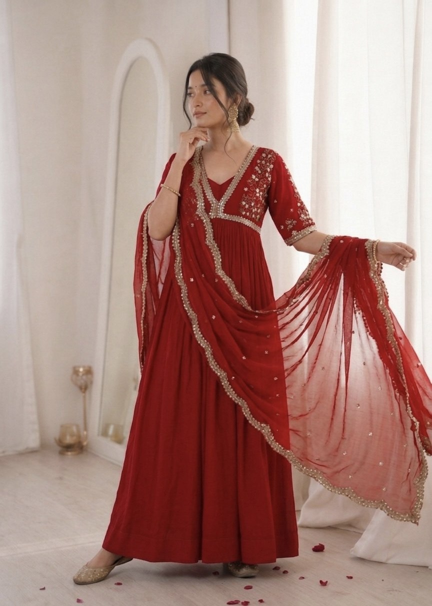 Sequins Embroidered Faux Blooming Gown with Dupatta