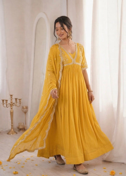 Sequins Embroidered Faux Blooming Gown with Dupatta