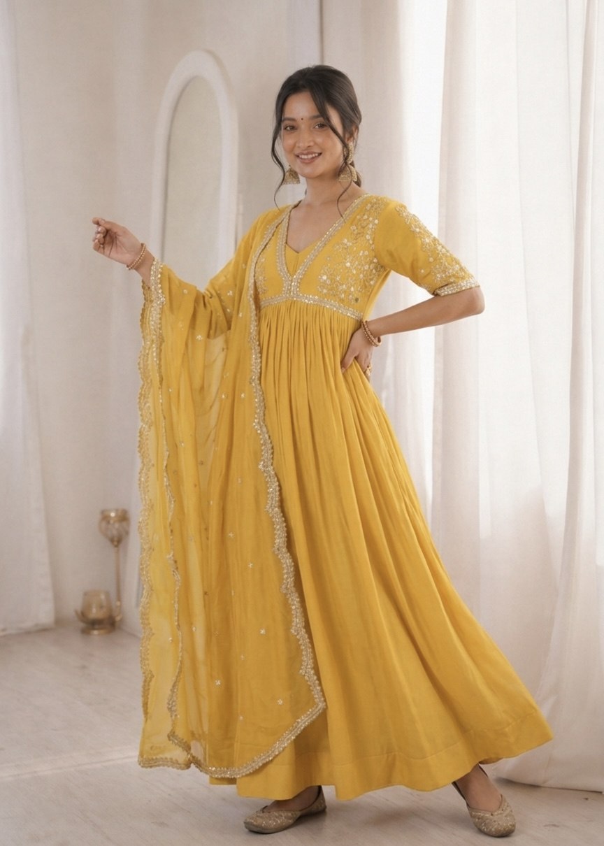 Sequins Embroidered Faux Blooming Gown with Dupatta