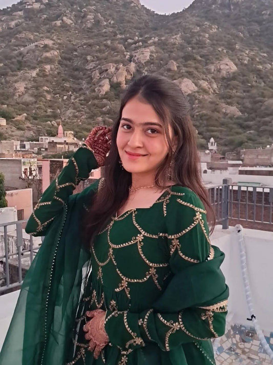 Dark Green Mal Chanderi Gown Style Salwar Suit for Party Wear