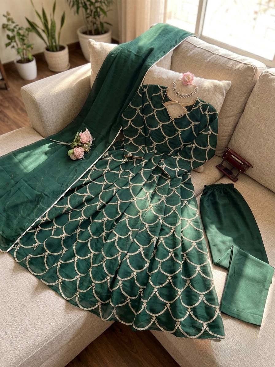 Dark Green Mal Chanderi Gown Style Salwar Suit for Party Wear
