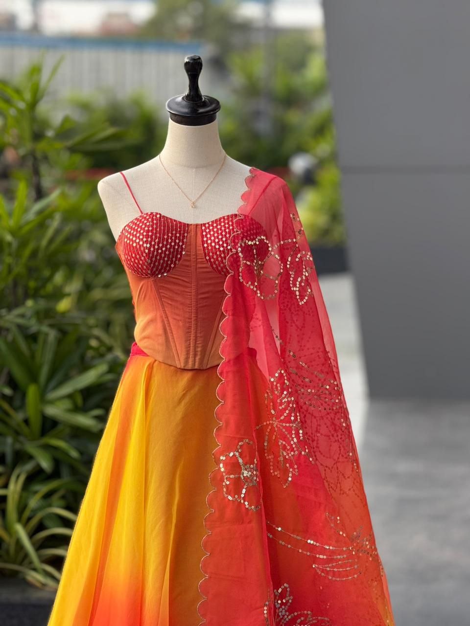 Orange Ombre Organza Corset  Wedding Party Wear
