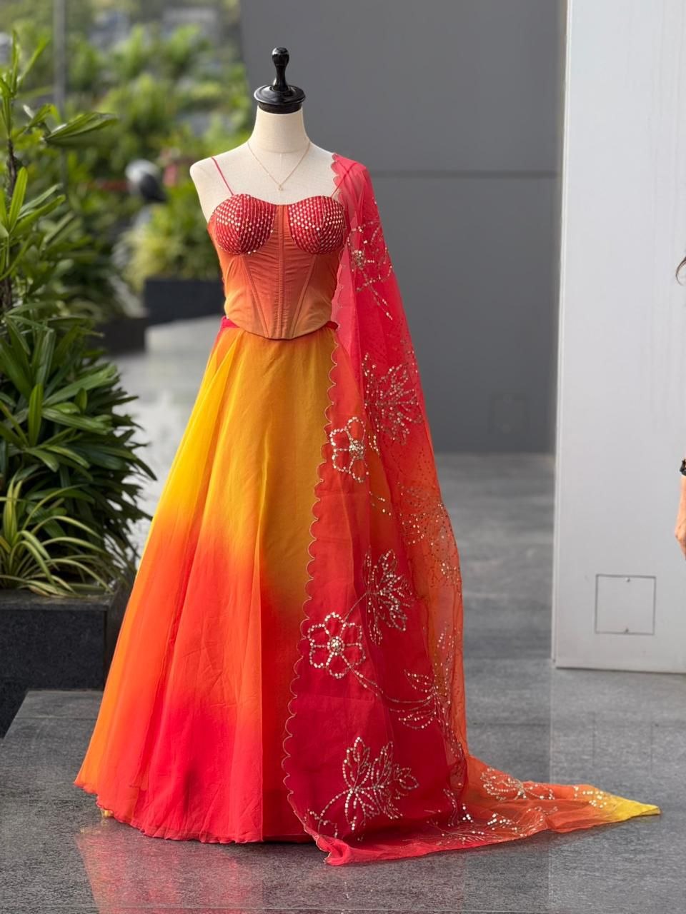 Orange Ombre Organza Corset  Wedding Party Wear