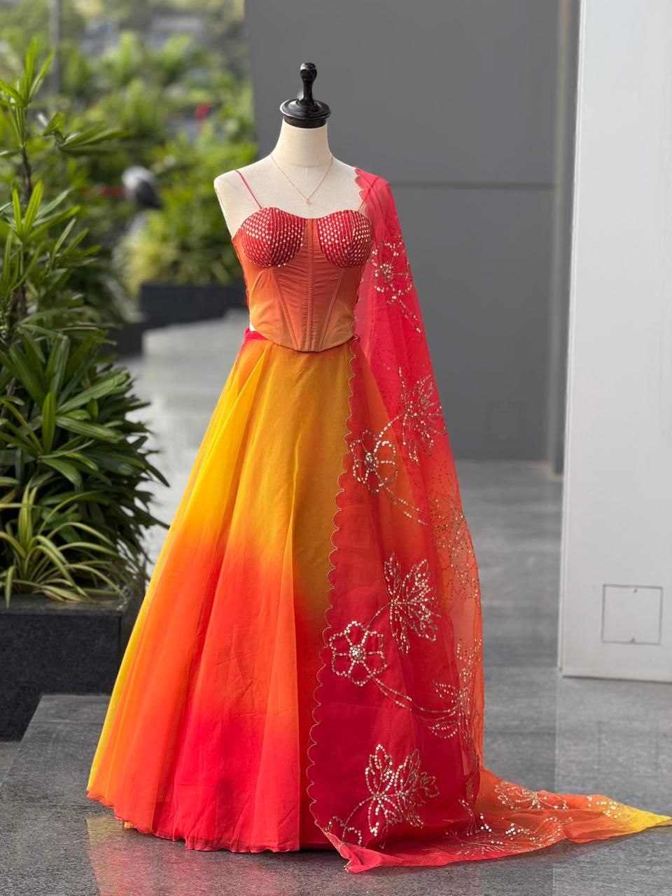 Orange Ombre Organza Corset  Wedding Party Wear