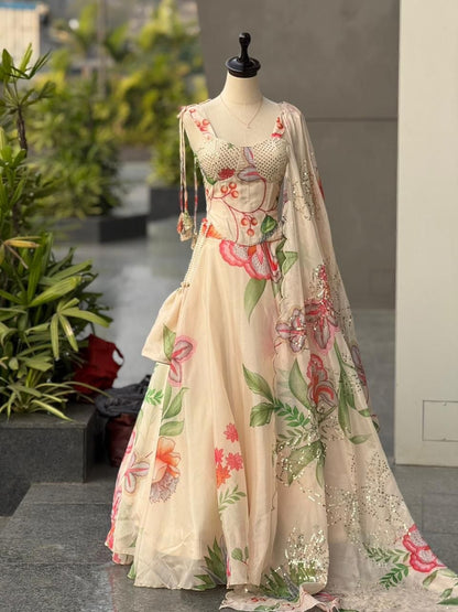 Peach Floral Jimmy Organza Lehenga Choli - Party Wear Suit