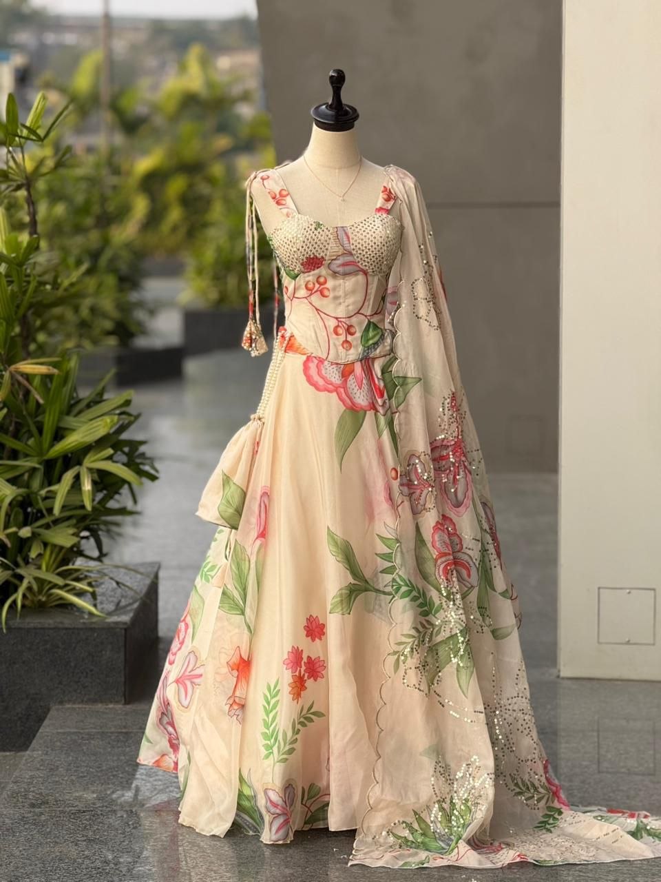 Peach Floral Jimmy Organza Lehenga Choli - Party Wear Suit