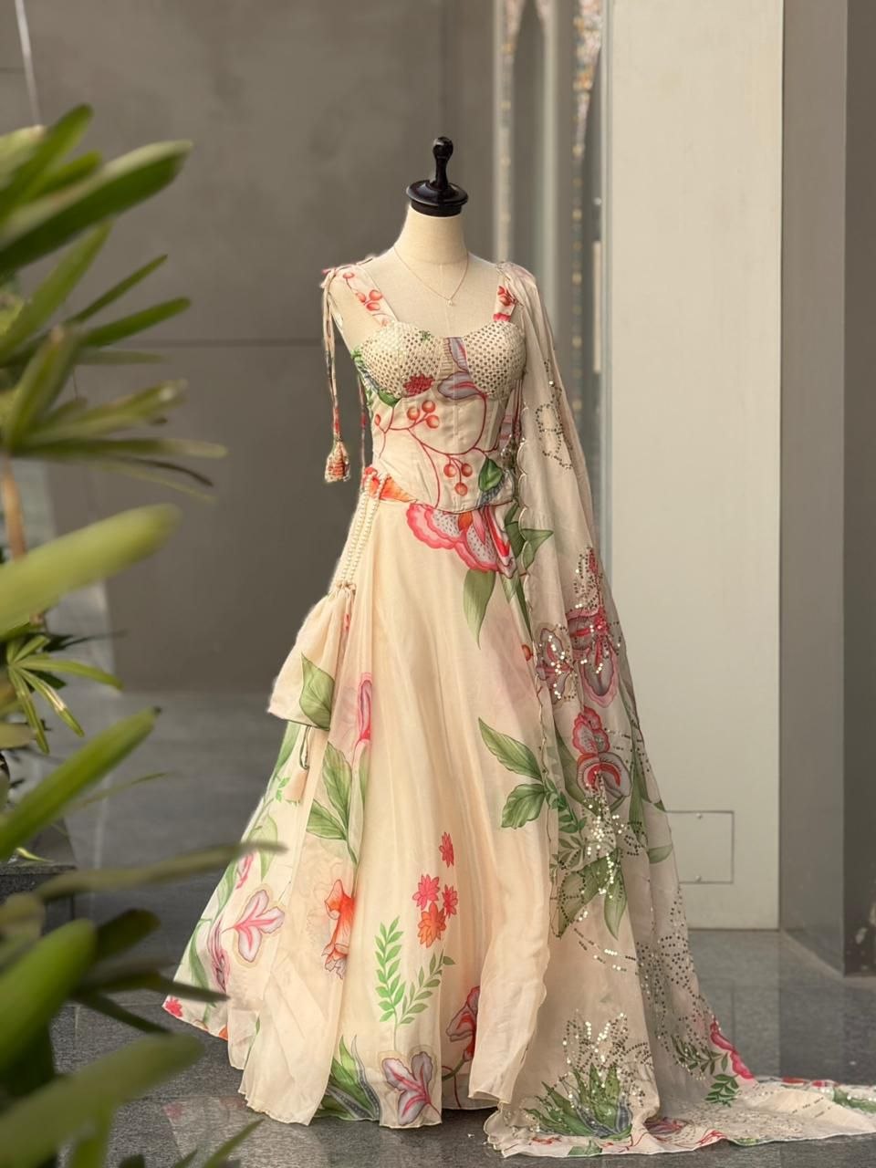 Peach Floral Jimmy Organza Lehenga Choli - Party Wear Suit