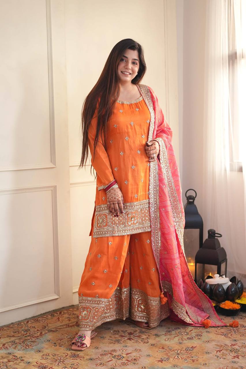 Orange Chinon Salwar Suit - Elegant Party Wear Palazzo Suit