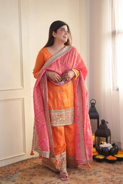 Orange Chinon Salwar Suit - Elegant Party Wear Palazzo Suit