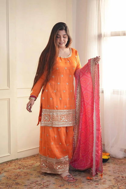 Orange Chinon Salwar Suit - Elegant Party Wear Palazzo Suit