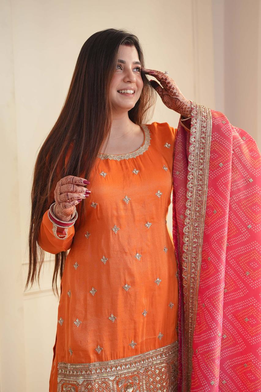 Orange Chinon Salwar Suit - Elegant Party Wear Palazzo Suit