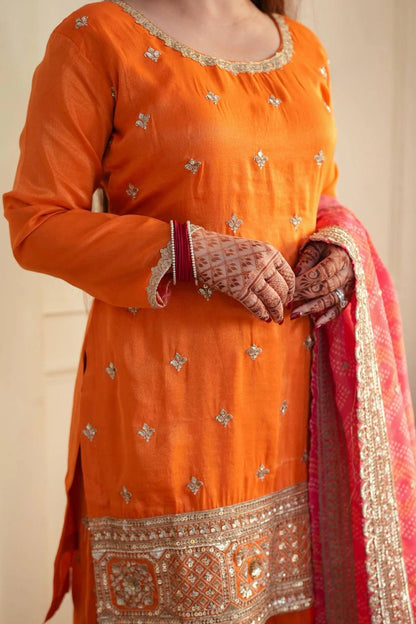 Orange Chinon Salwar Suit - Elegant Party Wear Palazzo Suit