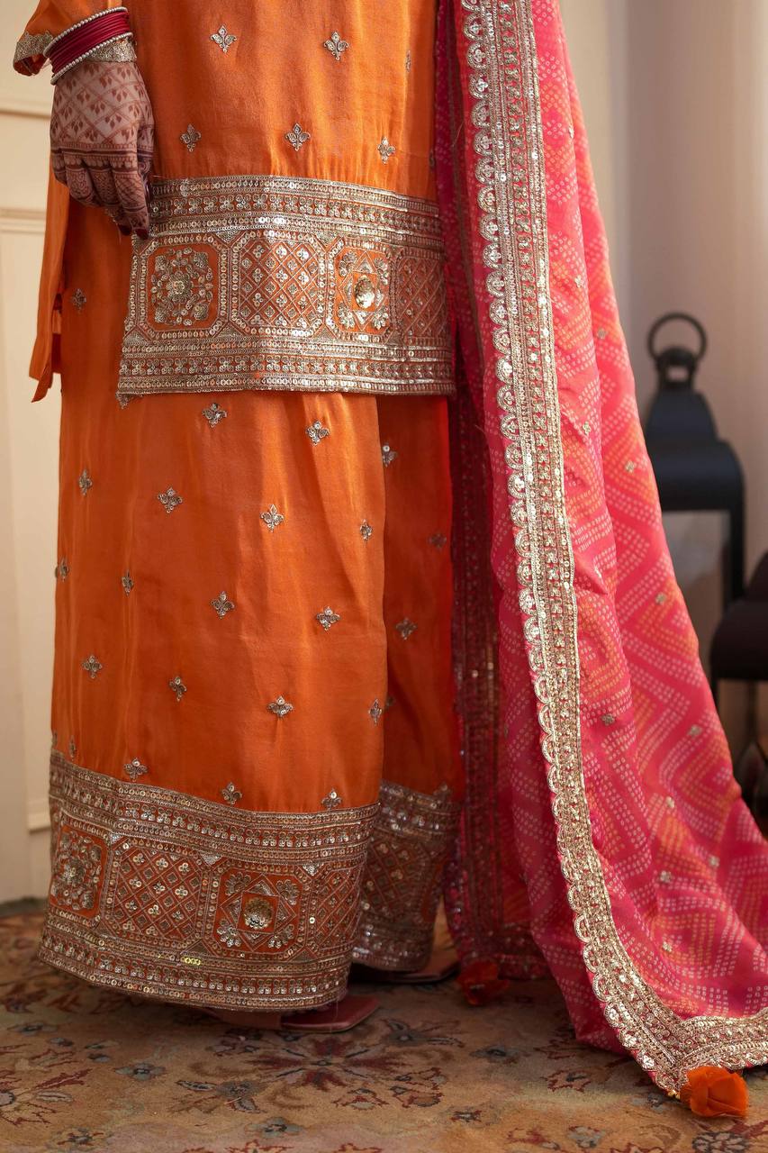 Orange Chinon Salwar Suit - Elegant Party Wear Palazzo Suit