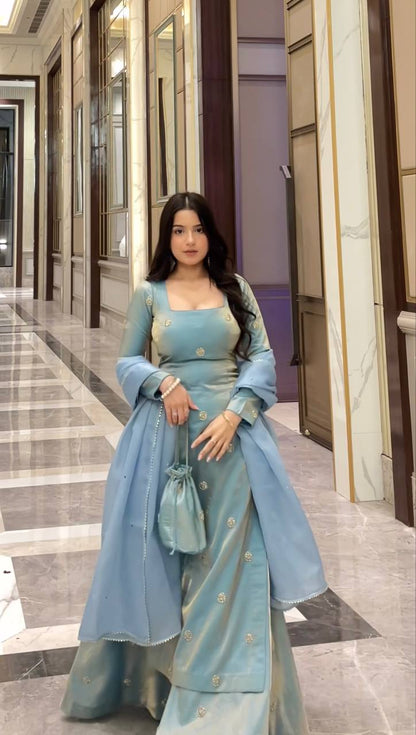 Mist Blue Fandy Silk Anarkali Suit for Women with Sequence Work