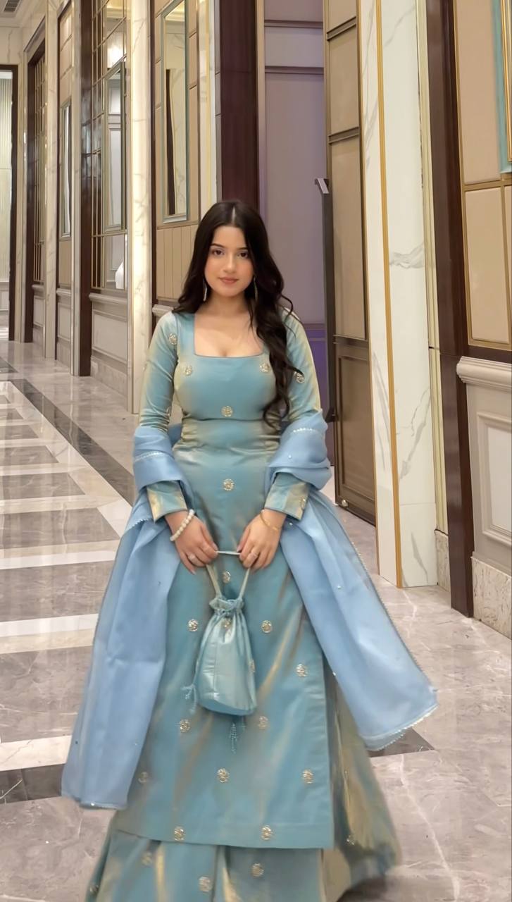 Mist Blue Fandy Silk Anarkali Suit for Women with Sequence Work