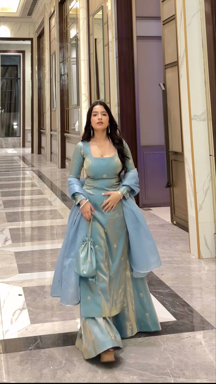 Mist Blue Fandy Silk Anarkali Suit for Women with Sequence Work