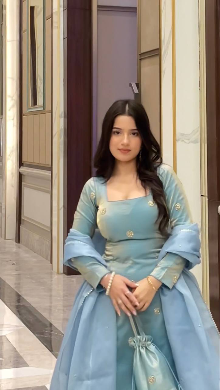 Mist Blue Fandy Silk Anarkali Suit for Women with Sequence Work