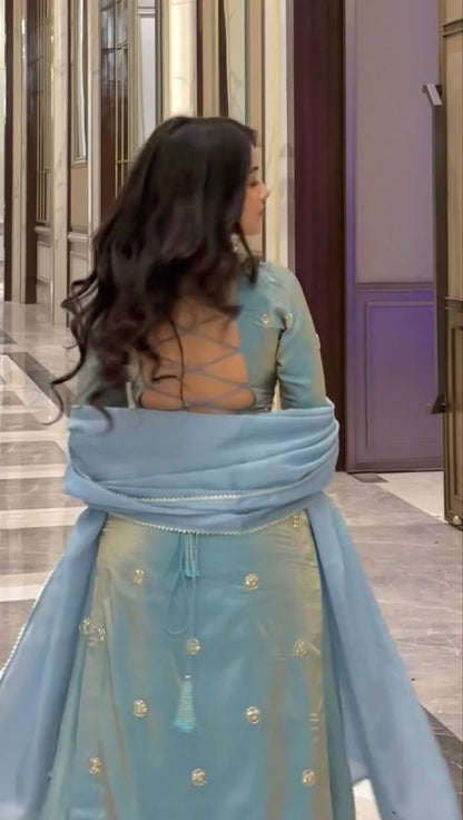 Mist Blue Fandy Silk Anarkali Suit for Women with Sequence Work