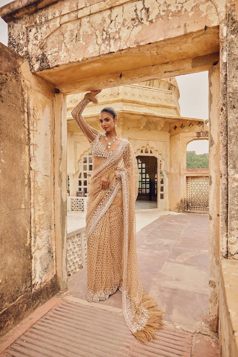 Champagne Gold Designer Saree for Women in Net with Sequins
