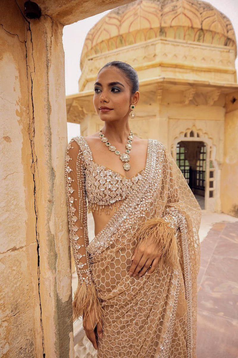 Champagne Gold Designer Saree for Women in Net with Sequins