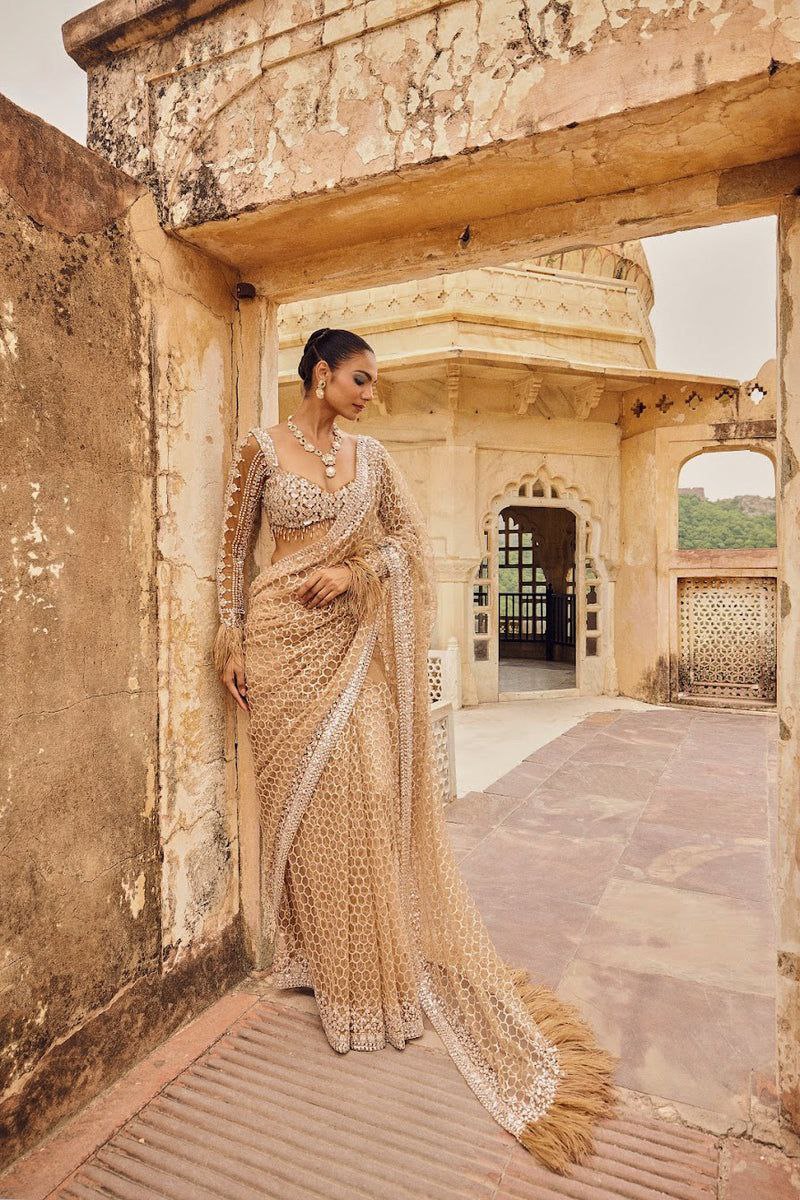 Champagne Gold Designer Saree for Women in Net with Sequins