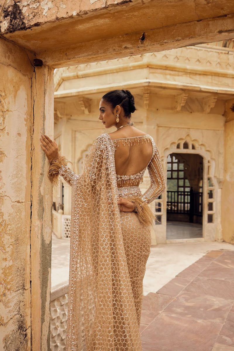 Champagne Gold Designer Saree for Women in Net with Sequins