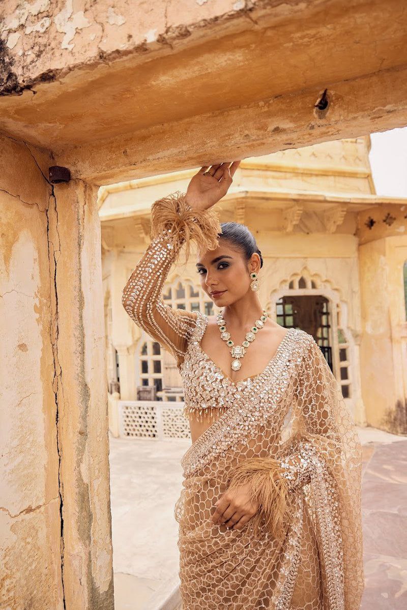 Champagne Gold Designer Saree for Women in Net with Sequins