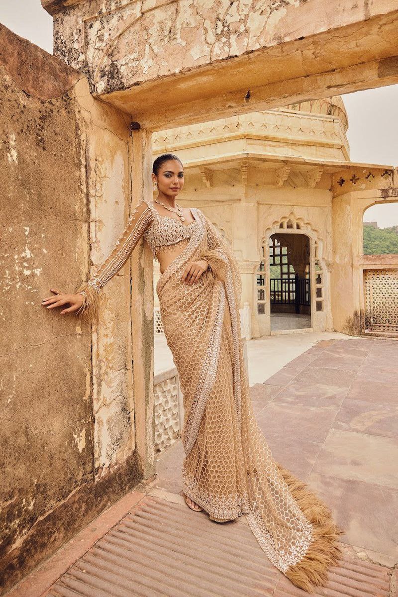 Champagne Gold Designer Saree for Women in Net with Sequins