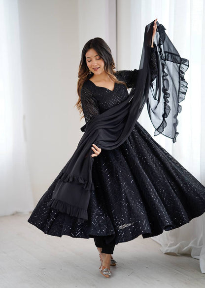 Lukhnowi Georgette Anarkali Suit for Women with Ruffle Dupatta