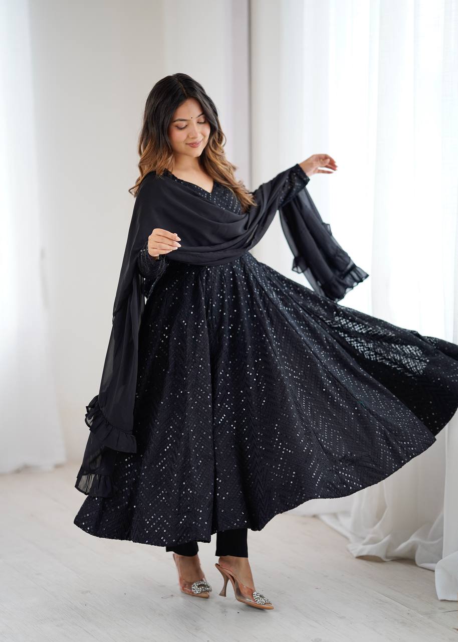 Lukhnowi Georgette Anarkali Suit for Women with Ruffle Dupatta