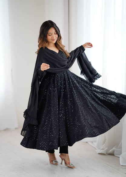 Lukhnowi Georgette Anarkali Suit for Women with Ruffle Dupatta