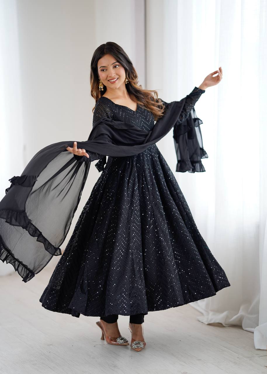 Lukhnowi Georgette Anarkali Suit for Women with Ruffle Dupatta