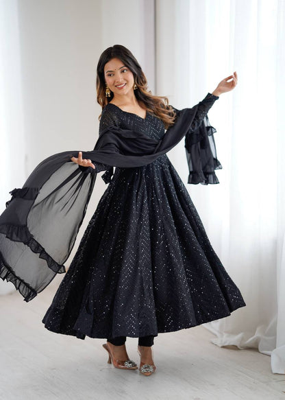 Lukhnowi Georgette Anarkali Suit for Women with Ruffle Dupatta