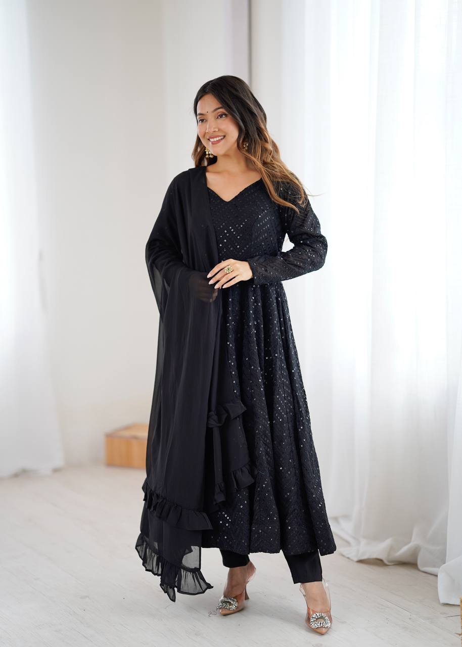Lukhnowi Georgette Anarkali Suit for Women with Ruffle Dupatta