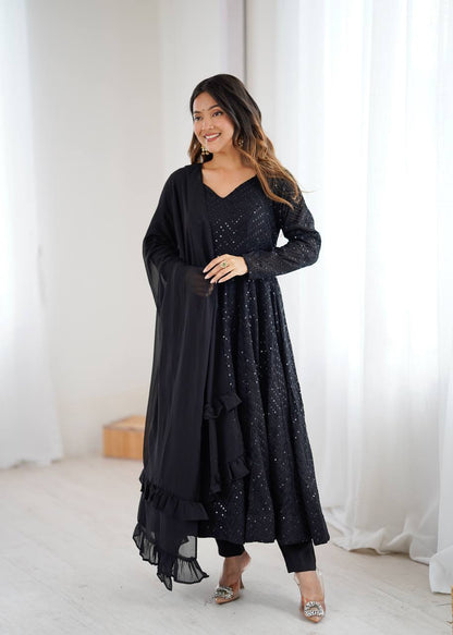Lukhnowi Georgette Anarkali Suit for Women with Ruffle Dupatta